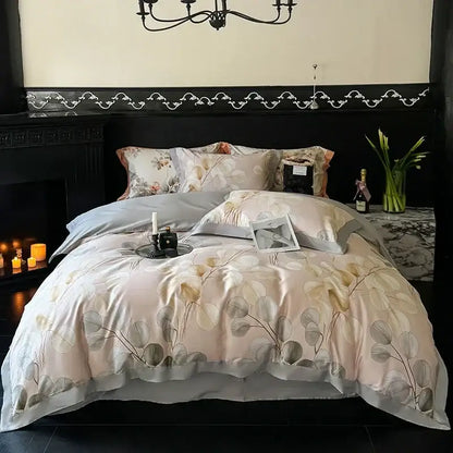 Elegant blush pink and gray floral duvet cover cotton bedding set in egyptian cotton with subtle sheen and leaf patterns