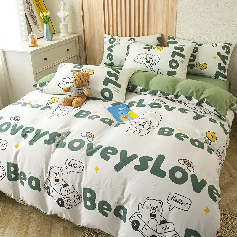 White duvet cover bedding set with green bear text and cat bear print on soft floral cream cotton decorbites material