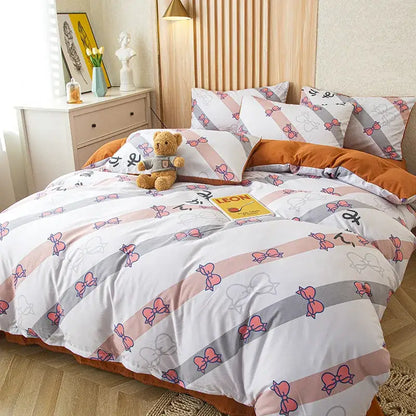 Cotton duvet bedding set with diagonal white blush pink and gray stripes featuring coral and light gray outlined bows decorbites cat bear print