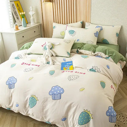 Cream-colored cotton bedding set featuring playful blue polka-dotted cupcakes and teal strawberries decorbites cat bear print