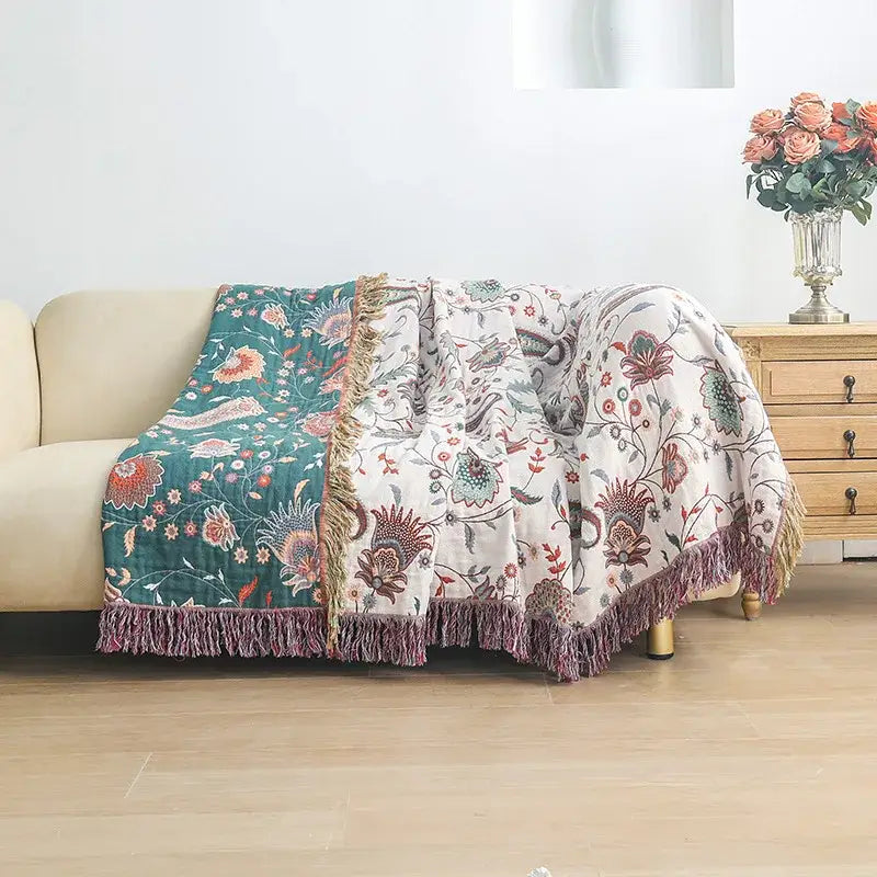 Floral cream jacquard cotton gauze sofa cover with teal burgundy paisley patterns and textured fringe for living room decorbites