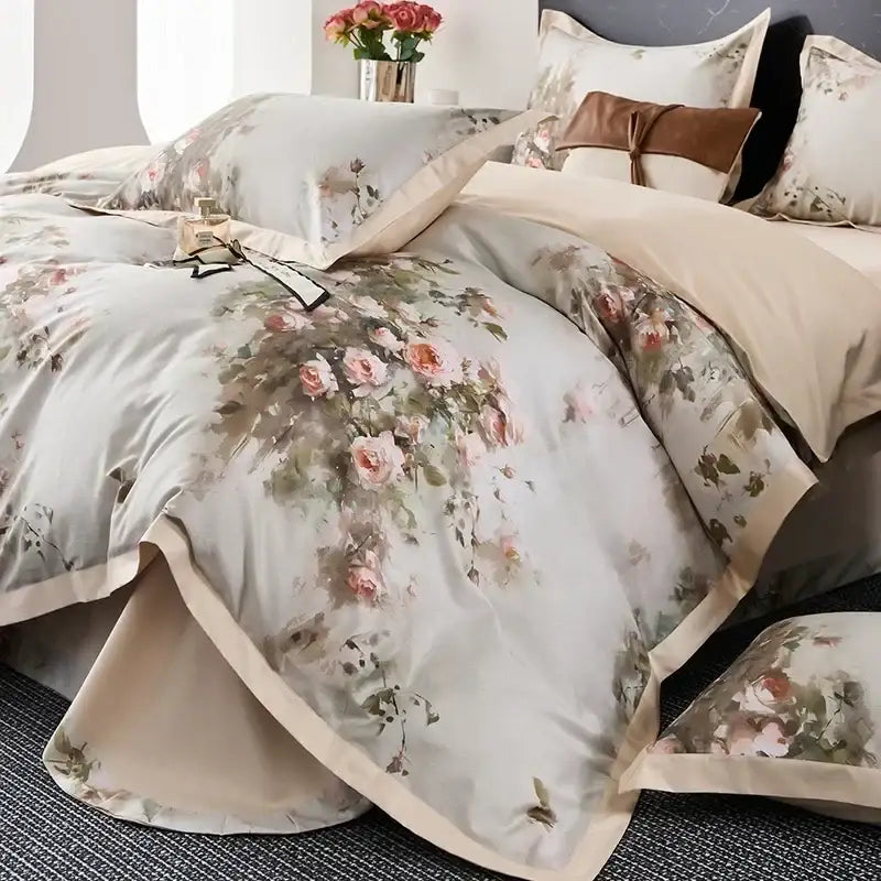 Beige and soft pink floral printed satin egyptian cotton bedding set with matching pillowcases and satin trim