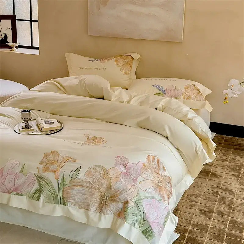 Cream floral cream satin 100s egyptian cotton bed linens with pastel blossoms and green leaves for bedroom decorbites
