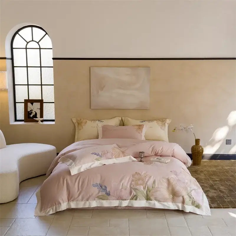Pink floral duvet cover set with delicate embroidery and soft satin finish from decorbites 100s egyptian cotton bed linens