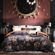 Dark gray satin floral bedding set with orange and blue pattern 1500tc jacquard egyptian cotton by richnl