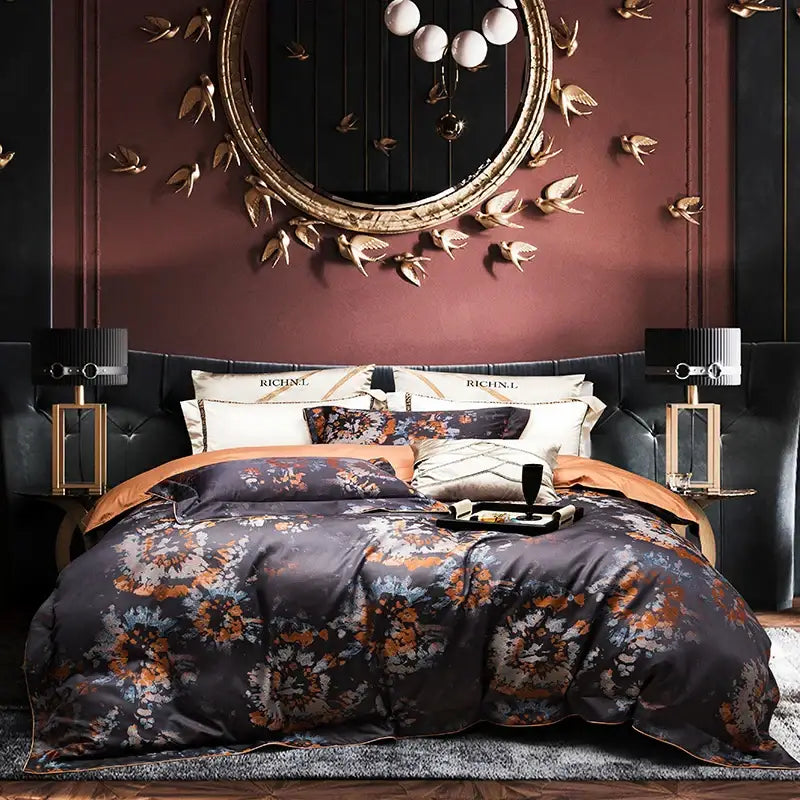 Dark gray satin floral bedding set with orange and blue pattern 1500tc jacquard egyptian cotton by richnl