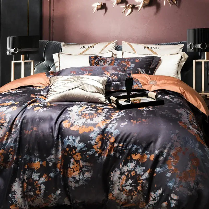 Luxury satin floral duvet cover in deep navy burnt orange and metallic silver tones 1500tc jacquard egyptian cotton bedding set