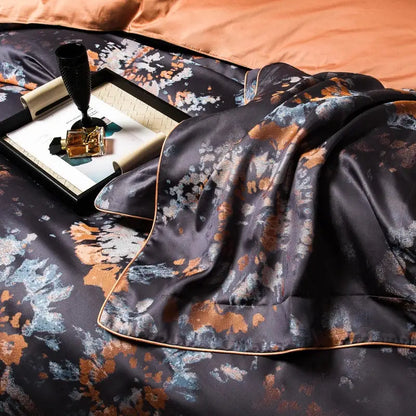 Dark gray silk duvet cover with abstract orange and blue floral patterns and gold trim in 1500tc jacquard egyptian cotton bedding set
