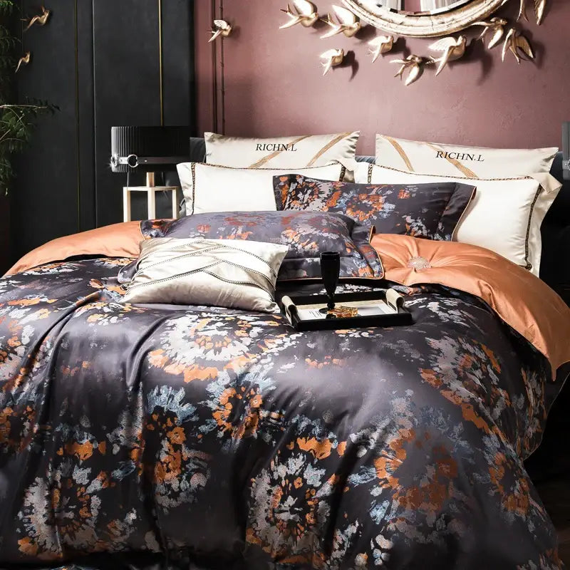 Elegant dark gray satin floral duvet cover and pillows in 1500tc jacquard Egyptian cotton bedding set by richnl