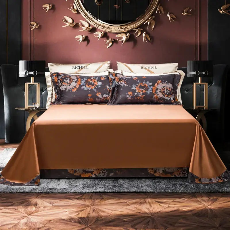 Richnl satin bedsheet in rich caramel with floral-patterned border as part of floral dark gray 1500tc jacquard egyptian cotton bedding set