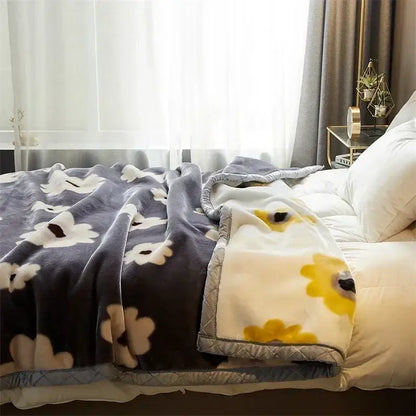 Gray and white floral-patterned cozy flocked raschel blanket with quilted border for bedroom decorbites cozy flocked use