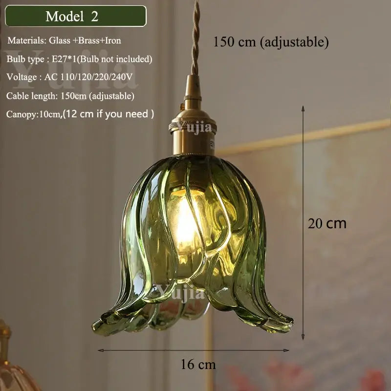 Floral green glass and brass pendant light with adjustable 150 cm cable and green glass shade for kitchen use
