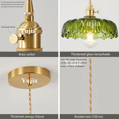 Brass pendant light with green ruffled glass shade and braided copper wire for kitchen lighting use