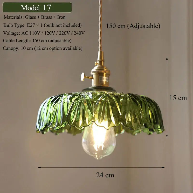 Model 17 pendant light with an elegant green glass shade featuring leaf-like ridges and brass iron chain suspension