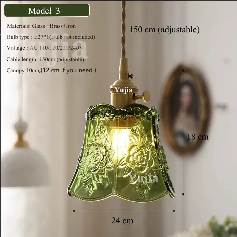 Model 3 vintage-style pendant light with olive green etched glass shade featuring floral patterns and brass hardware