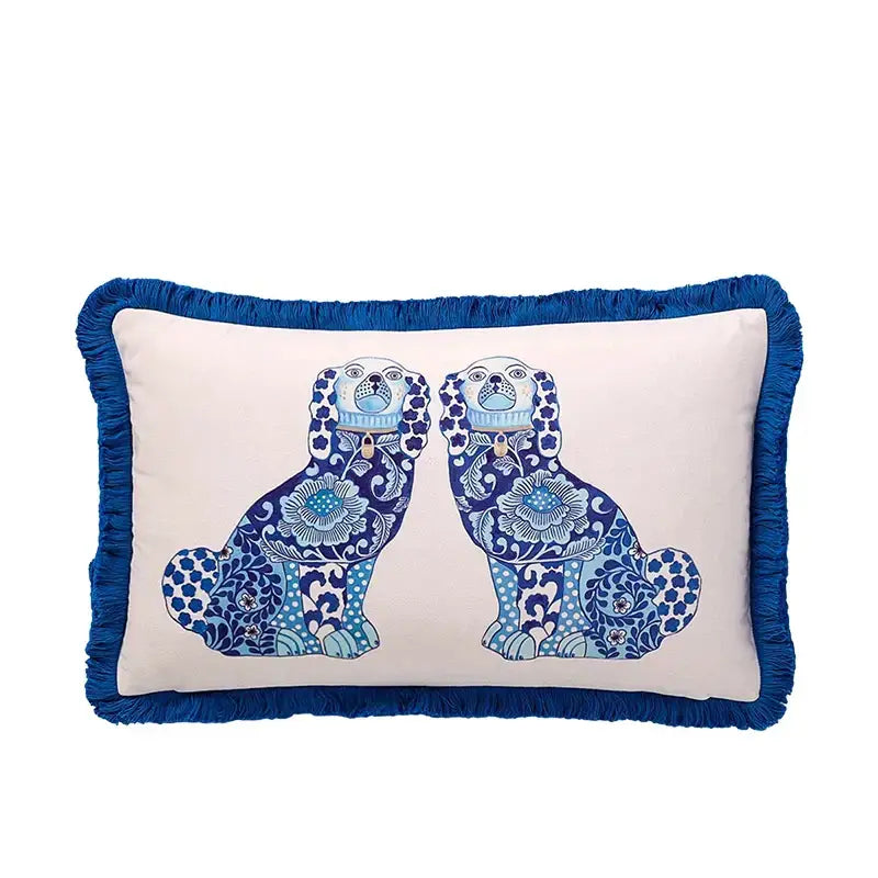 Cream-colored pillow case with blue fringed edges and embroidered seated dogs decorbites handmade lumbar pillow