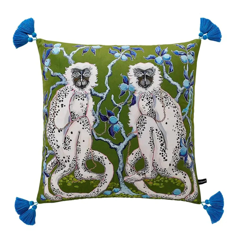 Olive green velvet decorbites handmade lumbar pillow case with white spotted monkeys blue fruiting branches and blue tassels