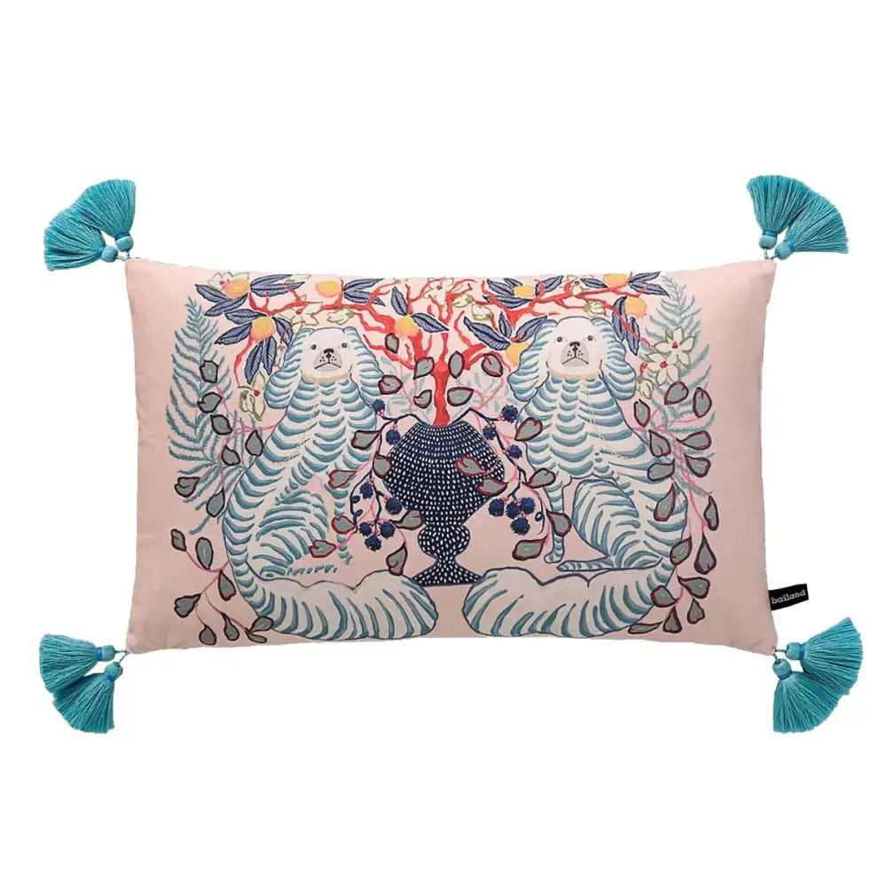Pink rectangular decorbites handmade lumbar pillow case with embroidered white tigers teal stripes and turquoise tassels