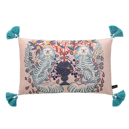 Pink rectangular decorbites handmade lumbar pillow case with embroidered white tigers teal stripes and turquoise tassels