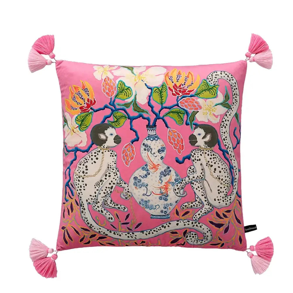 Pink cushion with embroidered monkeys floral design and tassels decorbites handmade lumbar pillow case for bedroom decor