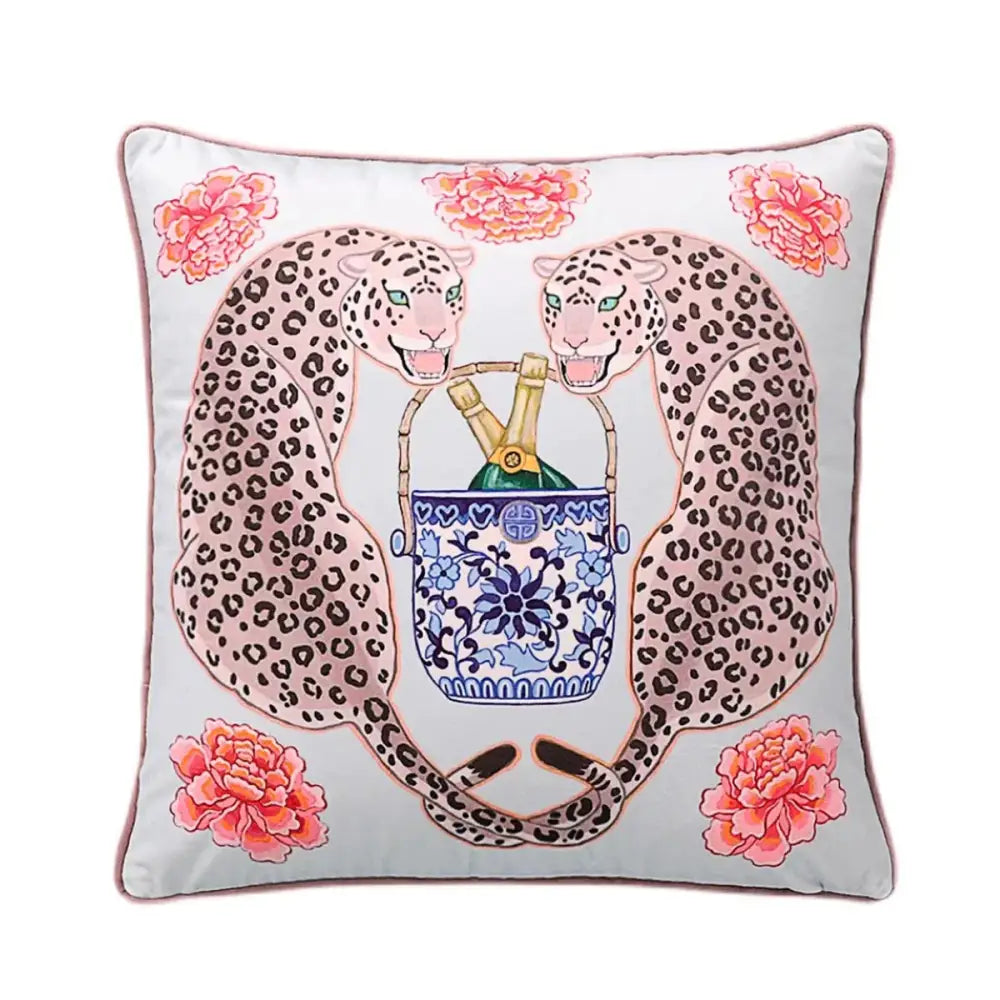 Floral green decorbites handmade lumbar pillow case with light gray fabric and pink leopard embroidery for bedroom decor