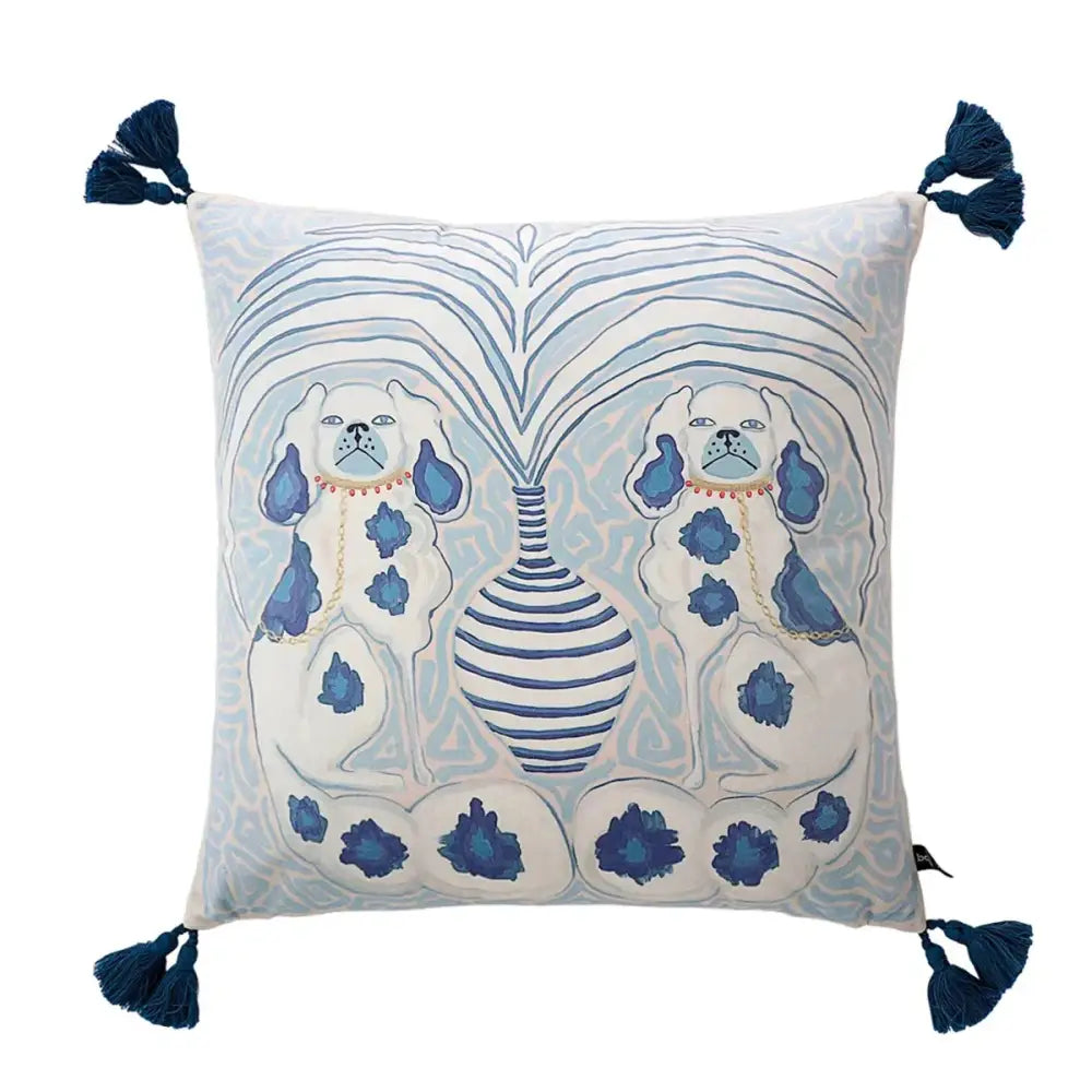 Square blue and white embroidered pillow case with dog design and navy tassels for decorbites handmade lumbar pillow decor