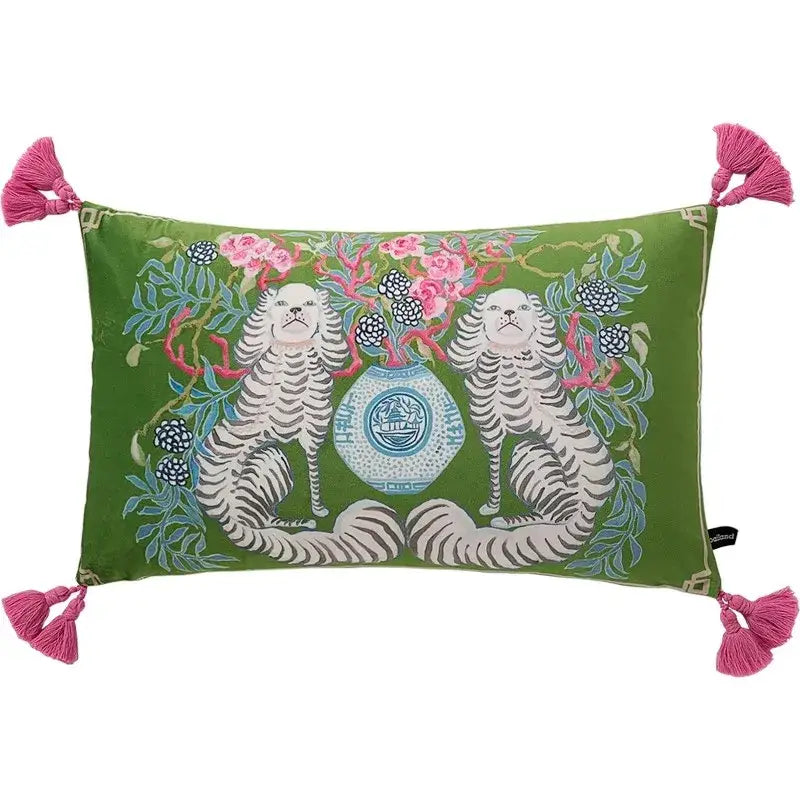 Green velvet decorbites handmade lumbar pillow case with white striped dogs and floral vase for bedroom decor