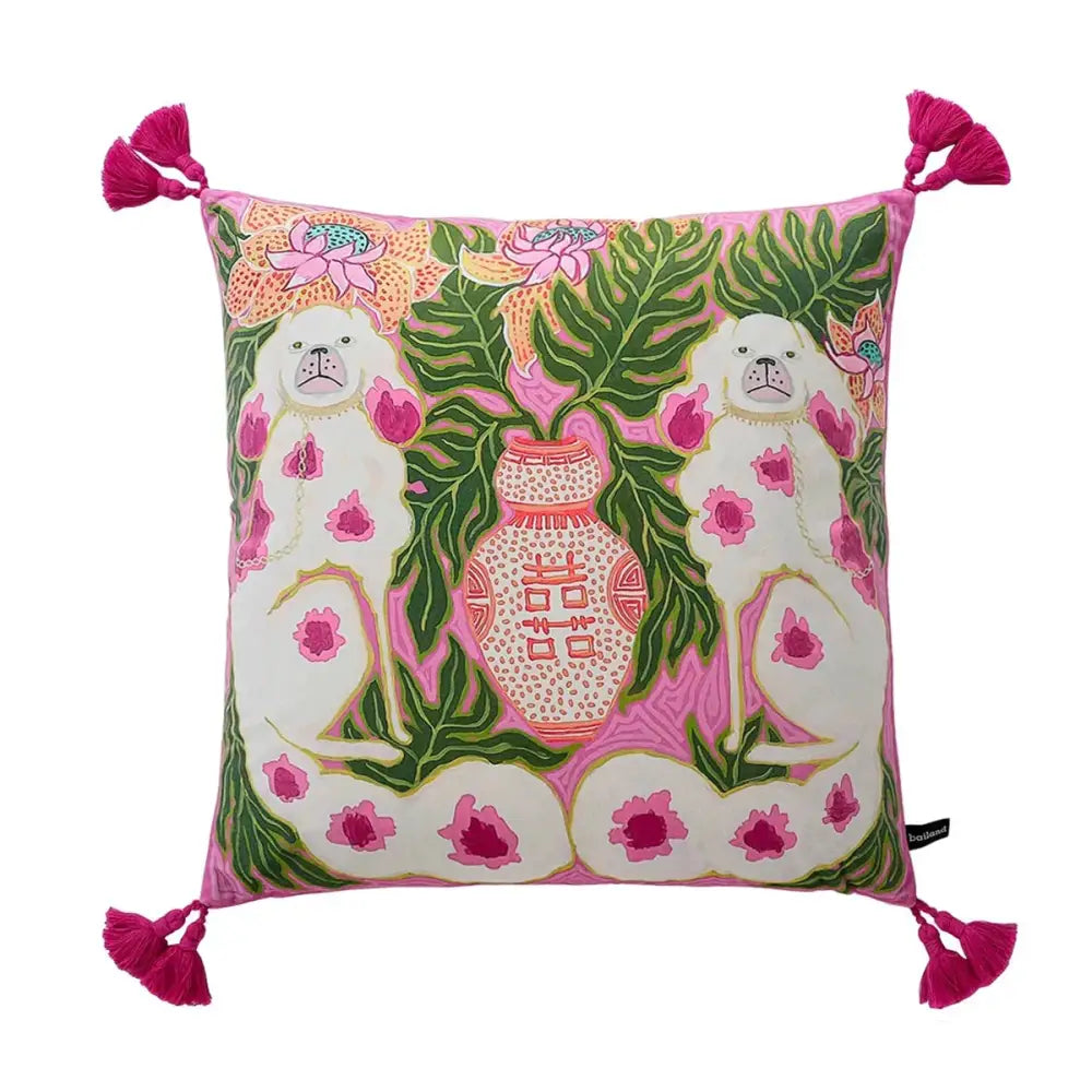 Floral green handmade lumbar pillow case with vibrant pink and green colors featuring two white dogs and tassels decorbites handmade lumbar