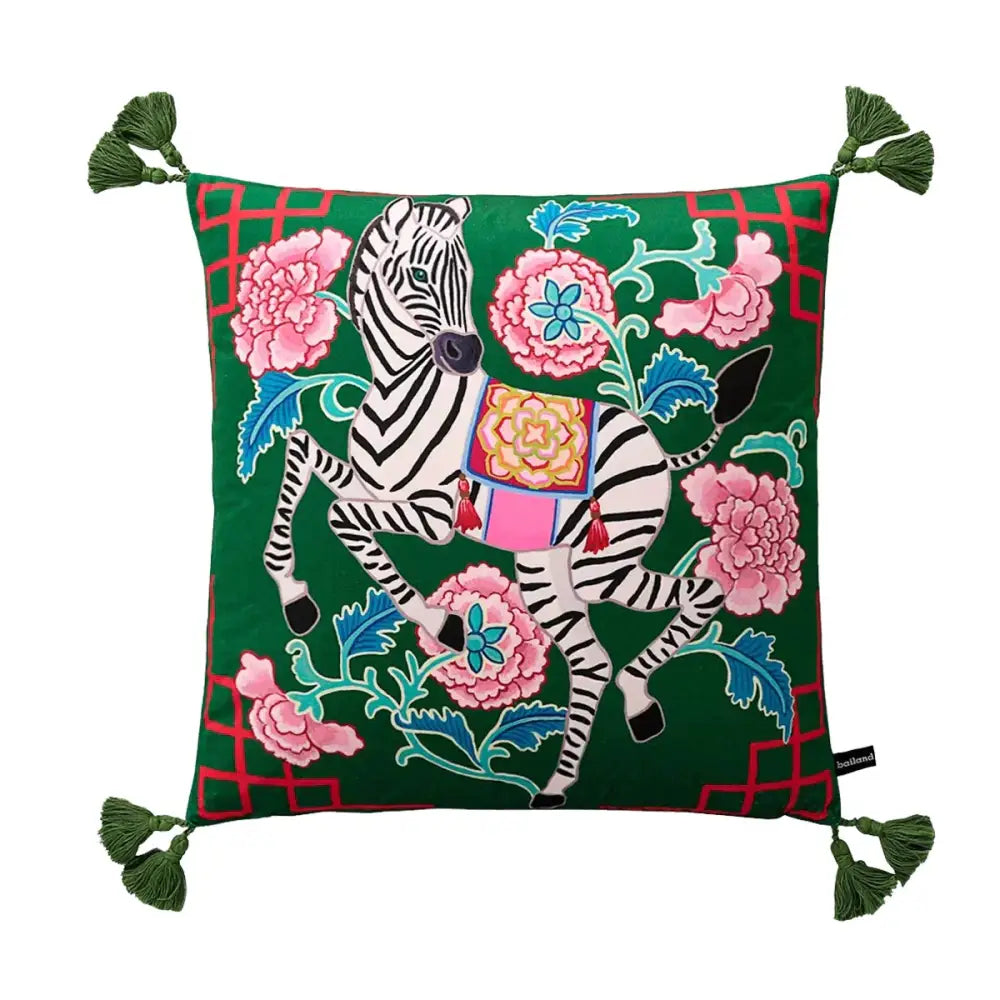 Vibrant green velvet pillow case with embroidered zebra, pink peonies, and dark green tassels decorbites handmade lumbar pillow