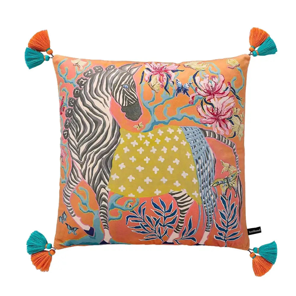 Vibrant orange decorbites handmade lumbar pillow case with embroidered zebra and floral green design for bedroom decor