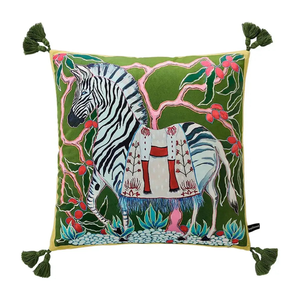 Green pillow case featuring an embroidered zebra and floral design for decorbites handmade lumbar pillow use