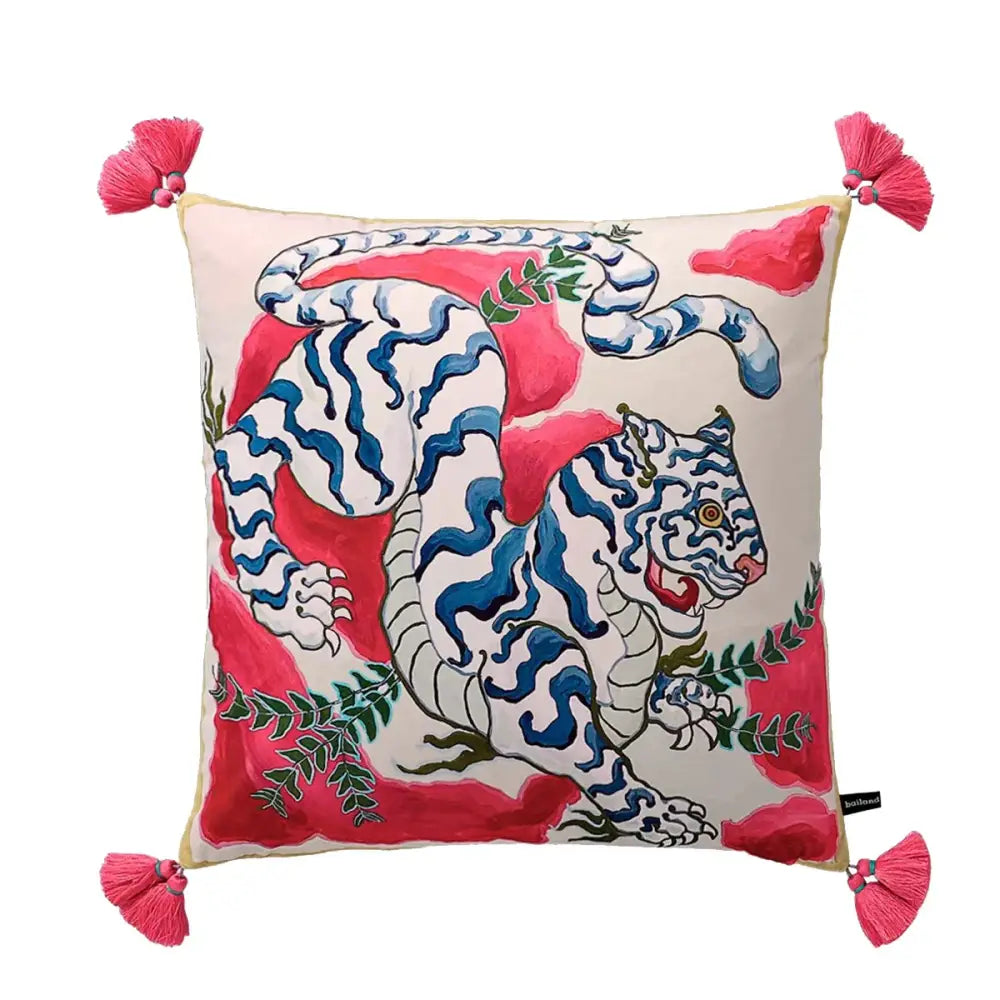 Vibrant floral green handmade lumbar pillow case with bold embroidered white tiger blue stripes and pink tassels decorbites handmade lumbar