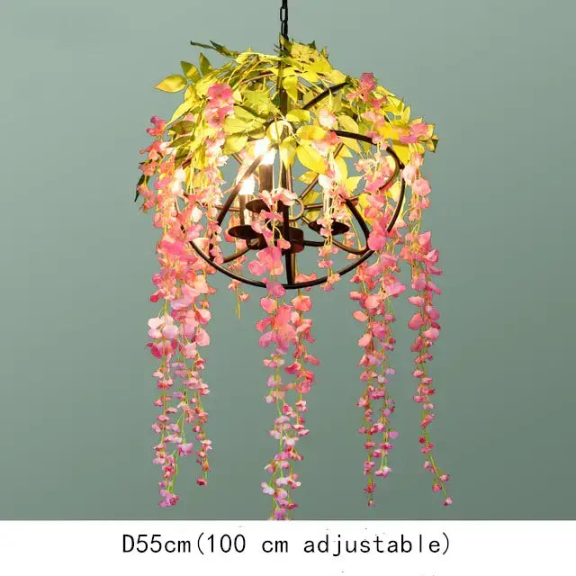 Floral green plant lighting chandelier with black metal frame and pink yellow wisteria for dining room decorbites green plant