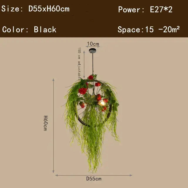 Black hanging pendant plant lighting chandelier with circular frame, green vines, red roses, and two e27 bulbs for dining room decorbites green plant