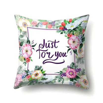 A square pillow cover with floral green tropical leaves design and just for you script for bedroom decorbites decor