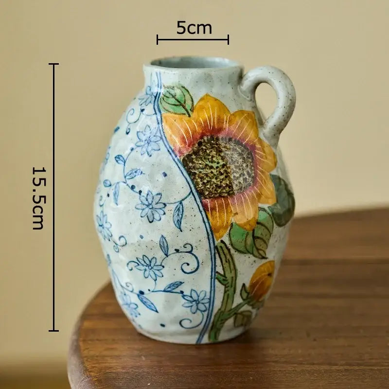 Floral hand painted decorbites ceramic vase with handle featuring sunflower and blue floral patterns for artificial flowers decor
