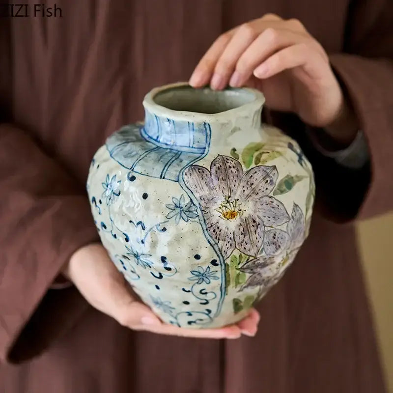 Floral hand painted decorbites ceramic vase with textured off-white glaze and artificial flowers for living room decor