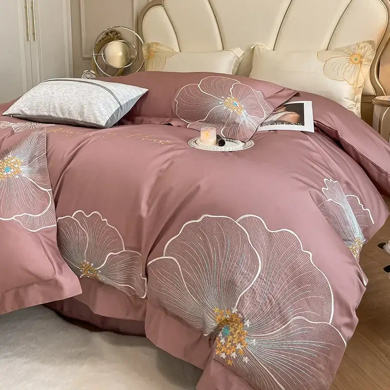 Pink satin duvet cover with floral embroidered egyptian cotton bedding set in white gold and blue thread