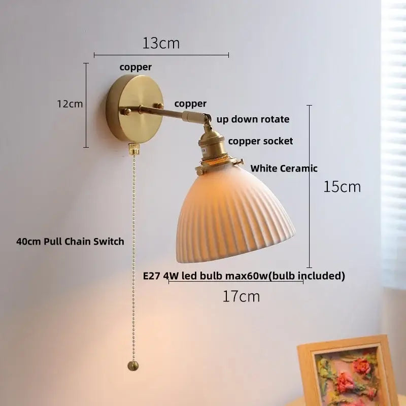 Antique brass-finished copper wall light fixture with white ceramic fluted lampshade and included e27 led bulb