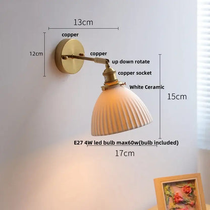 Vintage wall light fixture with brass copper arm and white ceramic ridged lampshade for bedroom use