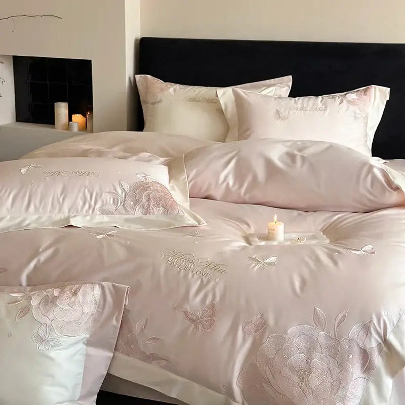 Pink satin bedding set with floral and butterfly embroidery in metallic thread from decorbites 1000tc egyptian cotton collection