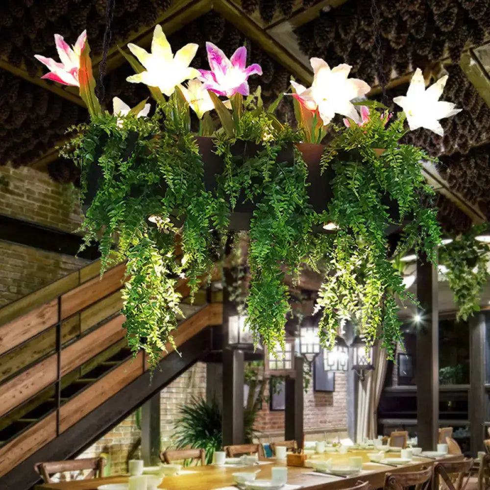 DecorBites™ metal black island pendant light with e26 e27 LED bulbs features illuminated artificial lilies and green ferns