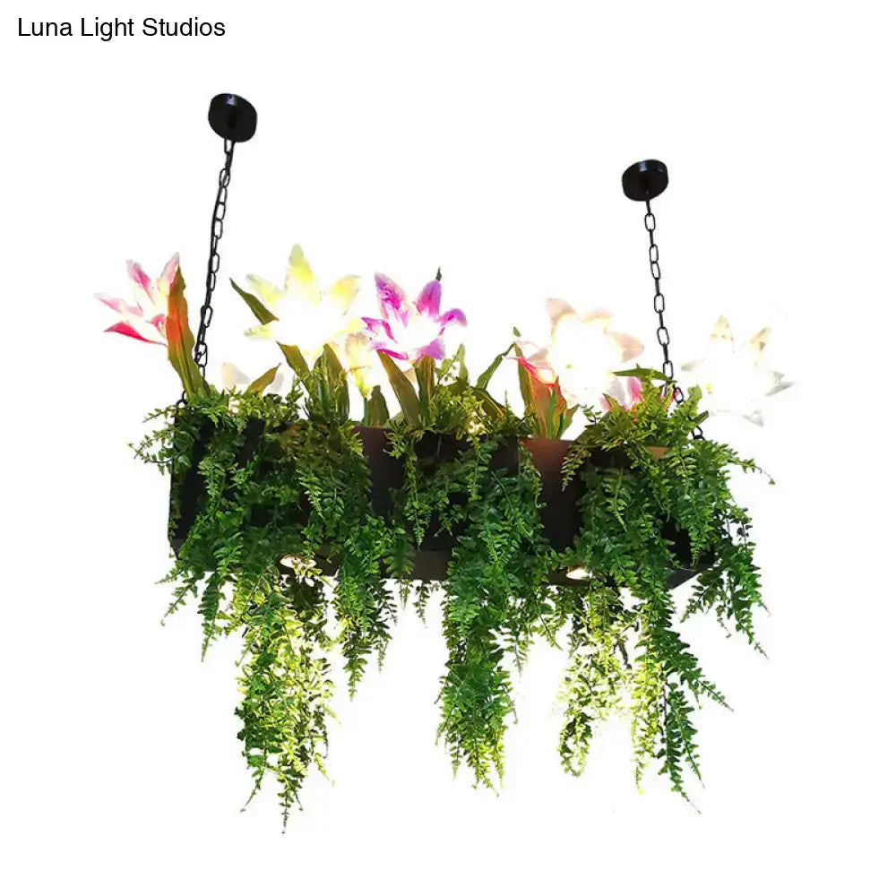 Black island pendant metal hanging planter with cascading green ferns and illuminated pink and white flowers e26 e27