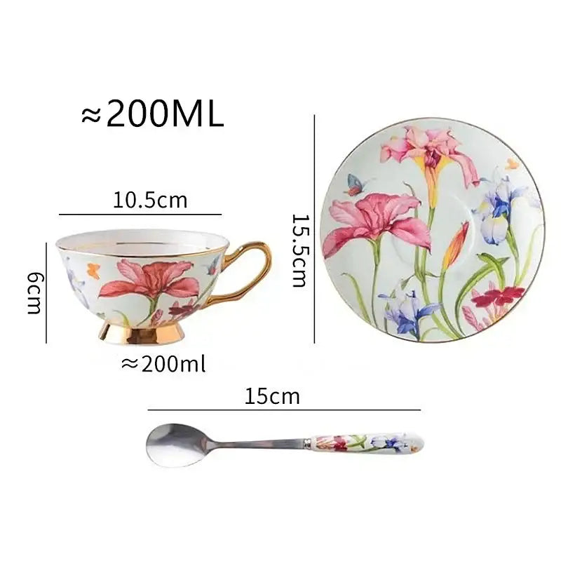 A delicate white porcelain lily flower tea set cup with gold rim and vibrant iris flowers ideal for dining room use