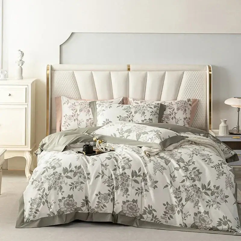 Elegant ivory and gray floral bedding set made of soft textured decorbites 100s egyptian cotton fabric for bedroom