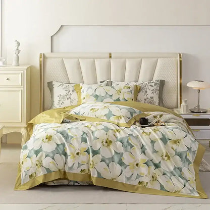 Luxurious cream and gold floral bedding set with a soft satin finish made from decorbites 100s egyptian cotton