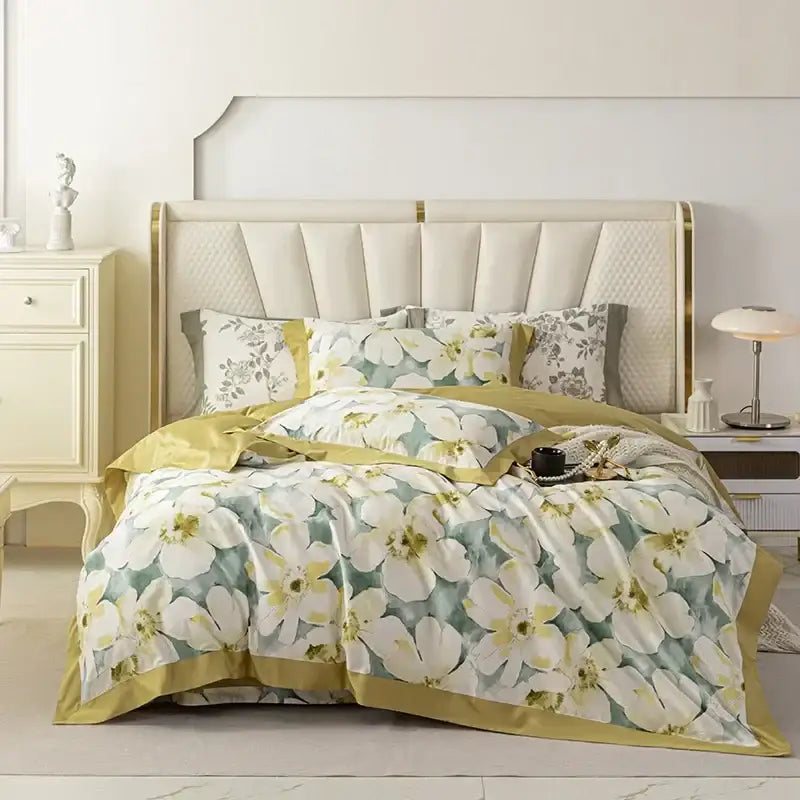 Luxurious cream and gold floral bedding set with a soft satin finish made from decorbites 100s egyptian cotton