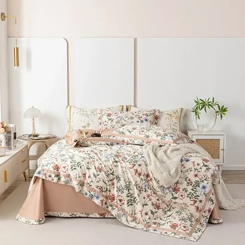 Floral pastel 100s egyptian cotton bedding set with soft pastel floral pattern and blush pink trim on cream base fabric