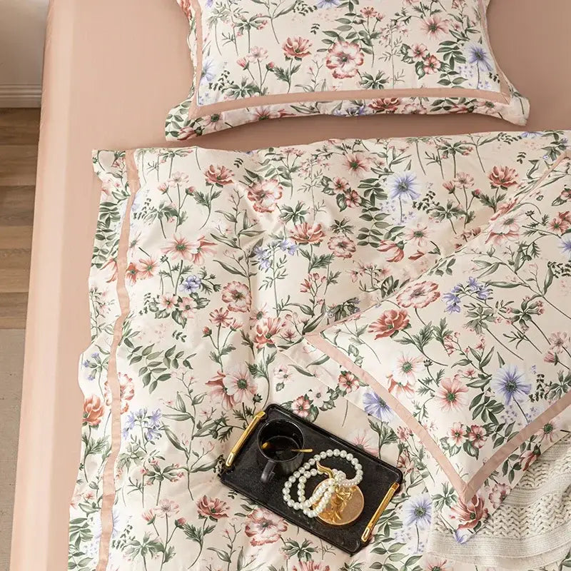 Floral pastel 100s egyptian cotton bedding set with soft pink purple green blossoms on cream background for bedroom decor
