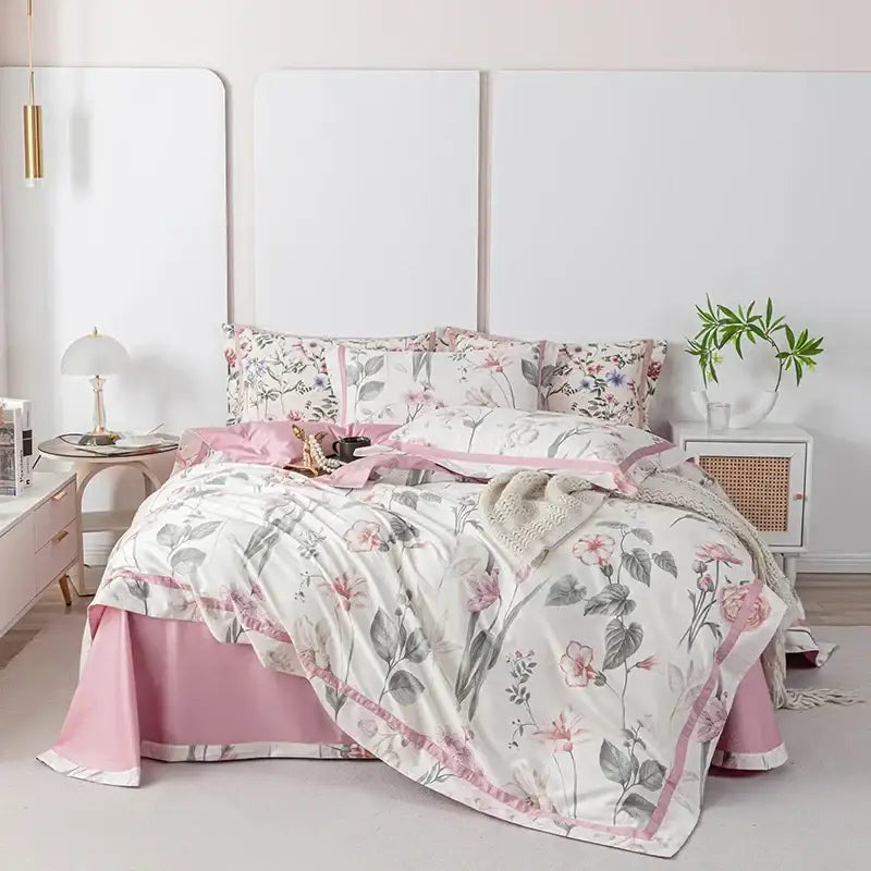 Pink and white floral bedding set with delicate botanical prints made of decorbites 100s egyptian cotton satin fabric